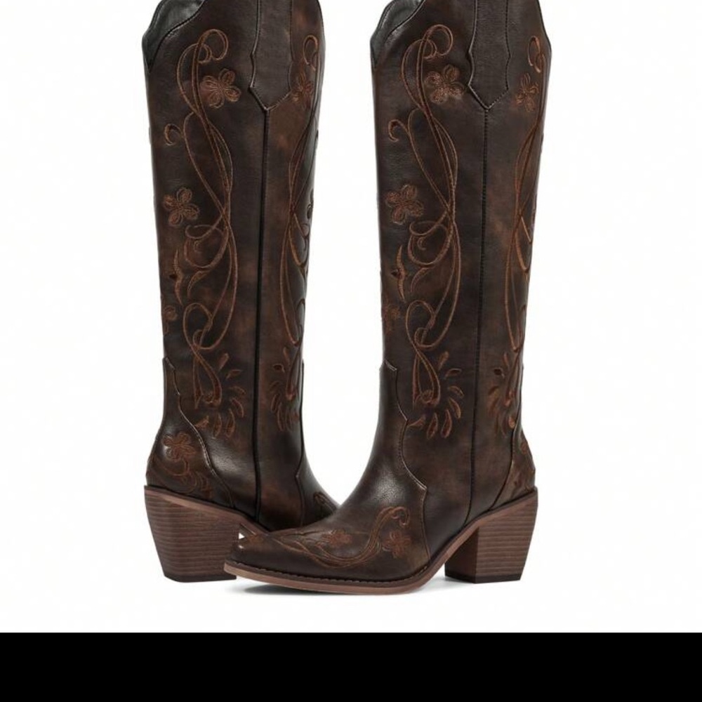 SHEIN Dark Brown Floral Over the Knee Boots